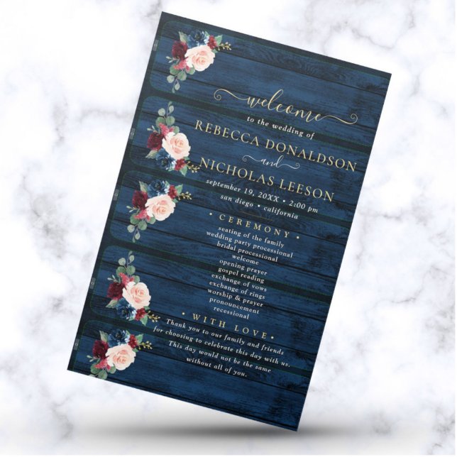 Elegant Navy Floral Calligraphy Wedding Program (Creator Uploaded)