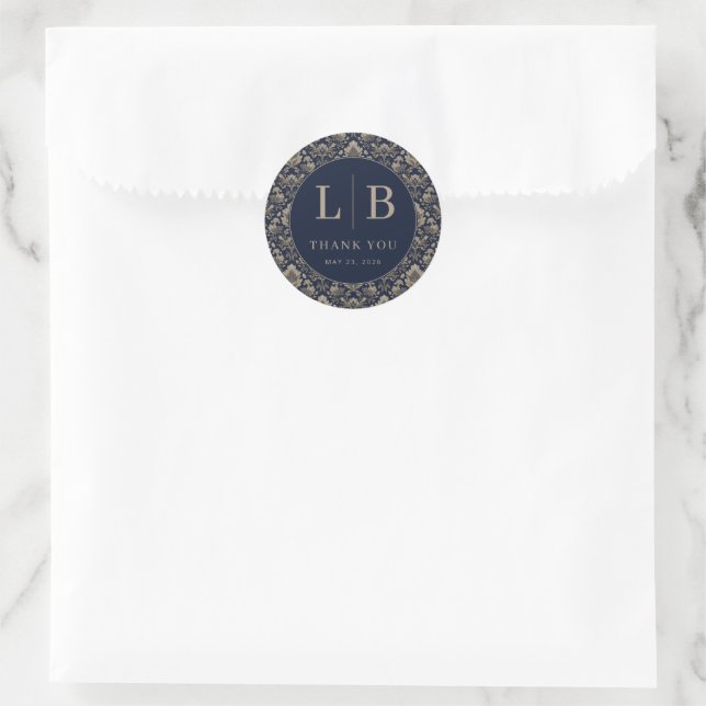 Elegant Navy Floral Classic Round Sticker (Bag)