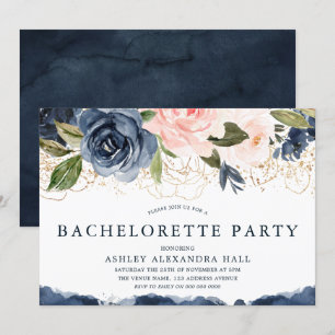 Elegant Navy Floral Gold Blush Bachelorette Party Invitation