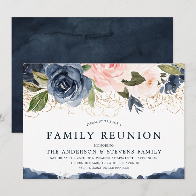 Elegant Navy Floral Gold Blush Family Reunion Invitation (Front/Back)