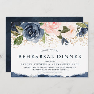 Elegant Navy Floral Gold Blush Rehearsal Dinner Invitation