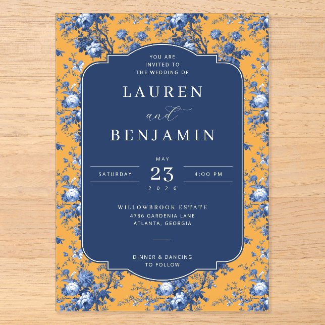 Elegant Navy Floral Mustard Acrylic Invitations (Front)