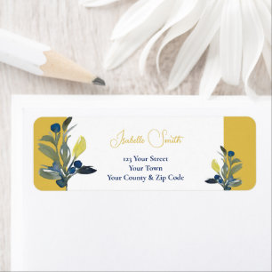 Elegant Navy Floral & Mustard Wedding Invitation Return Address Label