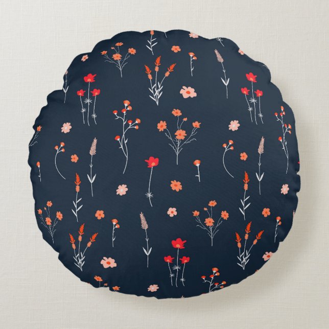 Elegant Navy Floral Round Pillow (Front)