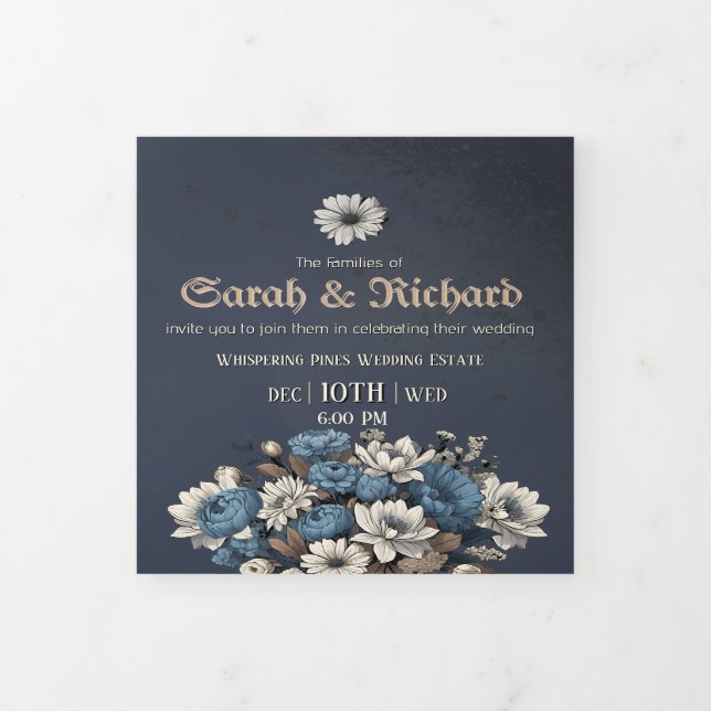 Elegant Navy Floral Tri Fold Invite (Cover)
