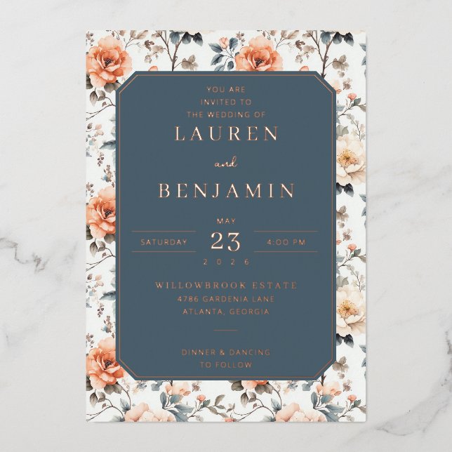 Elegant Navy Floral Wedding Invitation (Front)