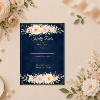 Elegant Navy Floral Wedding RSVP Card