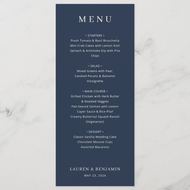 Elegant Navy Formal Menu (Front)