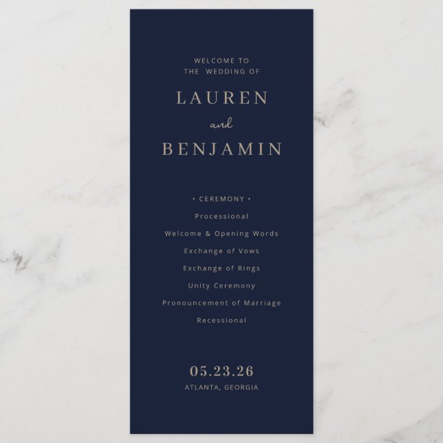 Elegant Navy Formal Wedding Ceremony Program (Front)