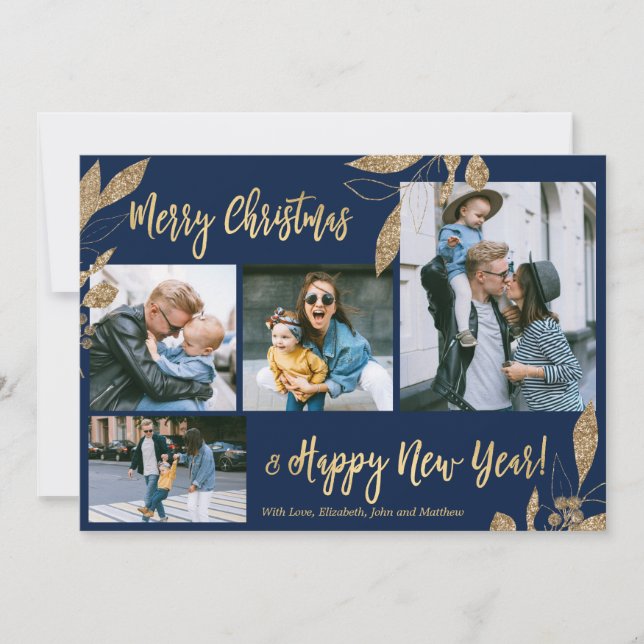 Elegant Navy Gold 4 Photo Collage Christmas Card (Front)