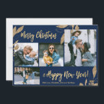 Elegant Navy Gold 4 Photo Collage Christmas Card<br><div class="desc">Elegant, Modern Gold and Navy Botanical Leaves 4 Photo Collage Merry Christmas Holiday Card. This festive, minimalist, whimsical four (4) photo holiday card template features a pretty photo collage, faux gold foil botanical leaves, winterberries and says Merry Christmas and Happy New Year! The „Merry Christmas and Happy New Year” greeting...</div>