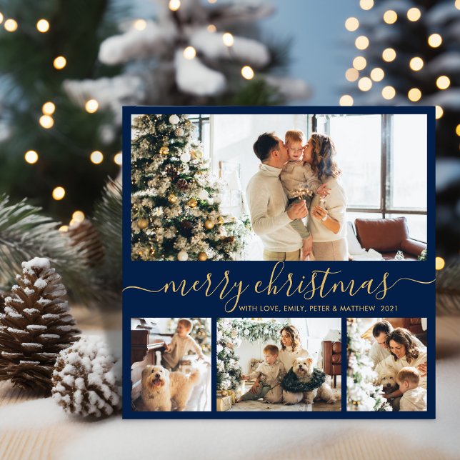 Elegant Navy Gold 4 Photo Collage Christmas Holiday Card (Creator Uploaded)