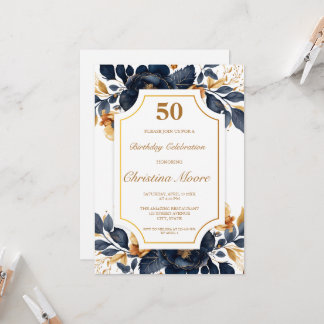 Elegant Navy & Gold 50th Birthday Invitation