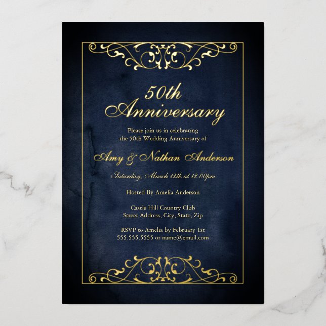 Elegant Navy Gold 50th Wedding Anniversary  (Front)