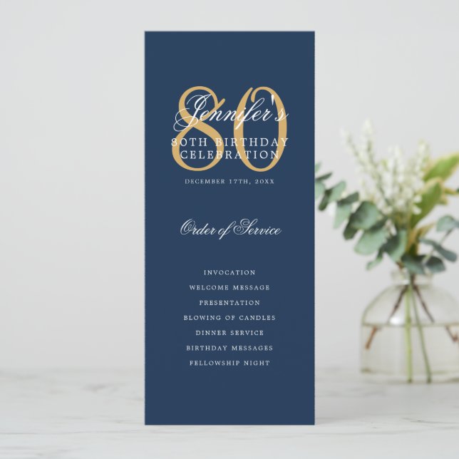 Elegant Navy Gold 80th Birthday Program + Menu (Standing Front)
