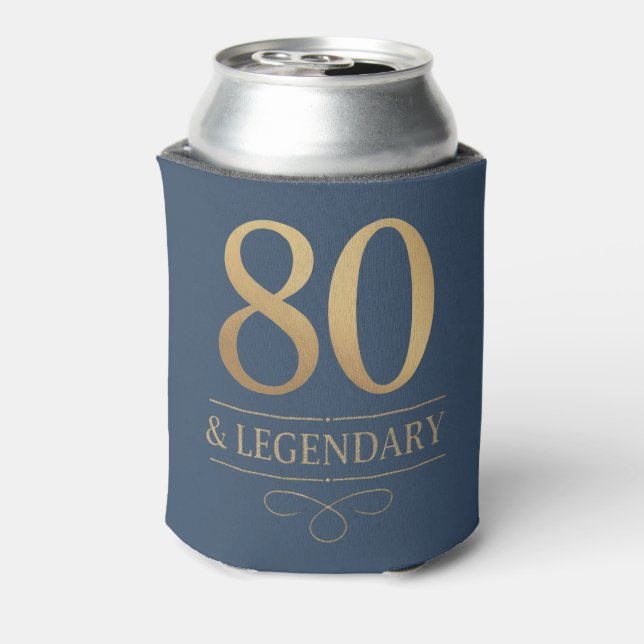 Elegant Navy & Gold 80th & Legendary Birthday Can Cooler (Can Back)