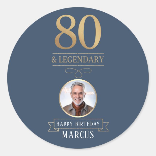 Elegant Navy & Gold 80th & Legendary Birthday Classic Round Sticker (Front)