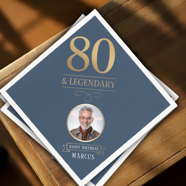 Elegant Navy & Gold 80th & Legendary Birthday Napkin (Creator Uploaded)