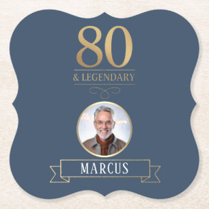 Elegant Navy & Gold 80th & Legendary Birthday Paper Coaster