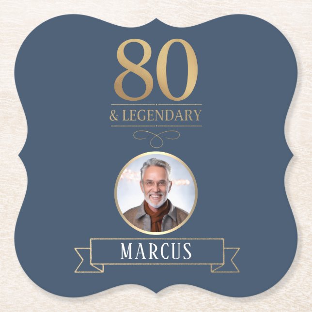 Elegant Navy & Gold 80th & Legendary Birthday Paper Coaster (Front)