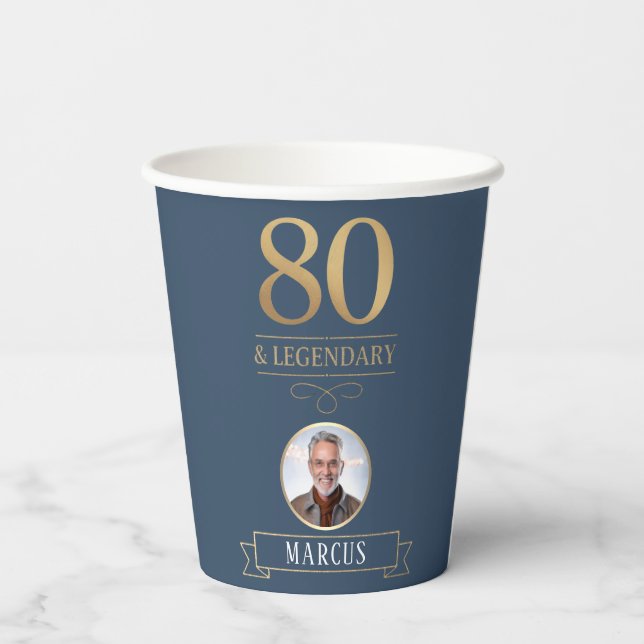 Elegant Navy & Gold 80th & Legendary Birthday Paper Cups (Back)