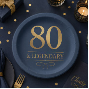 Elegant Navy & Gold 80th & Legendary Birthday Paper Plate