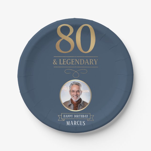 Elegant Navy & Gold 80th & Legendary Birthday Paper Plate (Front)