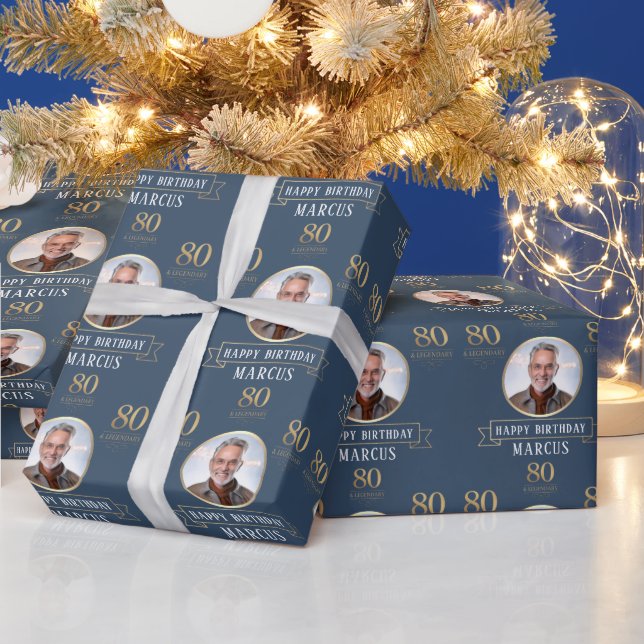 Elegant Navy & Gold 80th & Legendary Birthday Wrapping Paper (Holidays)