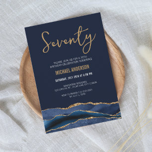 Elegant Navy Gold Agate 70th Birthday Invitation