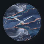 Elegant Navy Gold Agate Abstract Silver Numbers Large Clock<br><div class="desc">Elegant Navy Gold Agate Abstract Glitter with Silver Numbers to accent other design elements. Numbers .  
Order this custom round wall clock for your home or give to friends and family as a gift for a timeless treasure.</div>