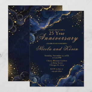 Elegant Navy Gold Alcohol Ink Wedding Anniversary Invitation