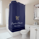 Elegant Navy, Gold and White Monogram Wedding Shower Curtain<br><div class="desc">Personalised Elegant Navy, Gold and White Monogram Wedding Shower Curtain. Stylish classic gold script for the initial, the names of the bride and groom and the wedding date on an elegant simple navy background. A perfect gift for newly weds, or beautiful for your own bathroom. Click personalise this template to...</div>