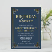 Elegant Navy Gold Art Deco 80th Birthday Dinner
