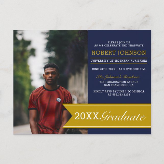 Elegant Navy & Gold Banner Photo Graduation Party Invitation Postcard (Front)