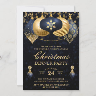 Elegant Navy & Gold Baubles Christmas Dinner Invitation