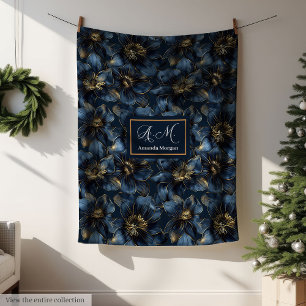 Elegant Navy Gold Blanket Custom Name Floral Art