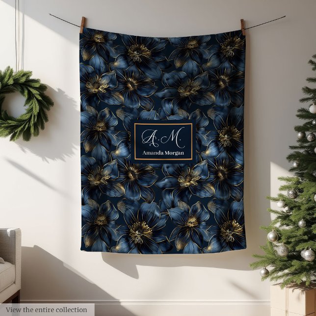 Elegant Navy Gold Blanket Custom Name Floral Art (Elegant Navy Gold Blanket Custom Name Floral Art)