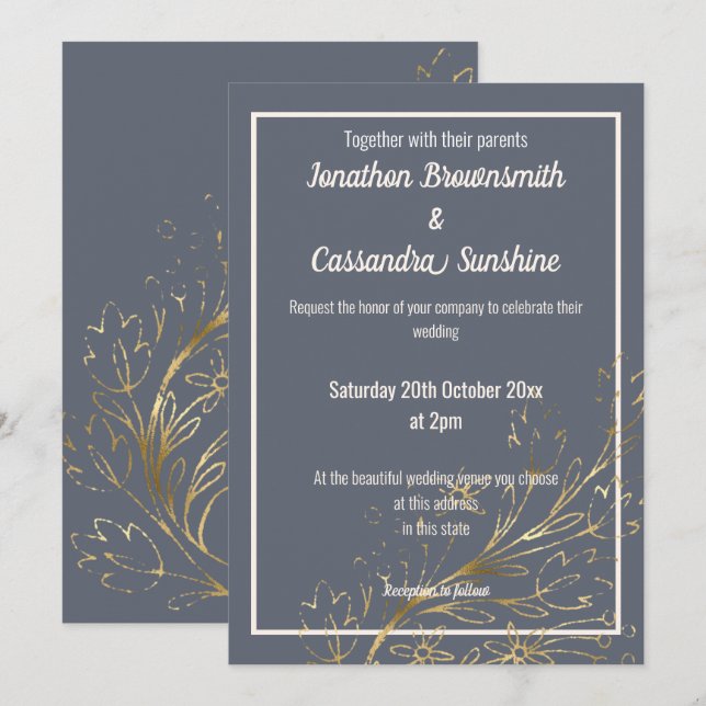 ELEGANT NAVY GOLD BLUSH LEAF WEDDING INVITATION (Front/Back)