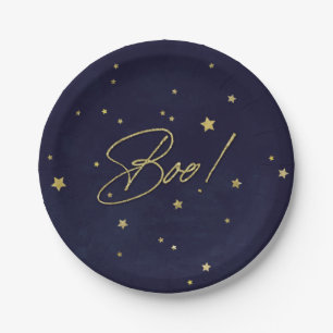 Elegant Navy/Gold Boo! Halloween Party Paper Plate
