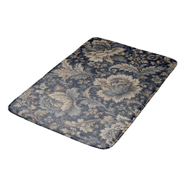Elegant Navy Gold Botanical Textile Pattern Bath Mat (Angled)