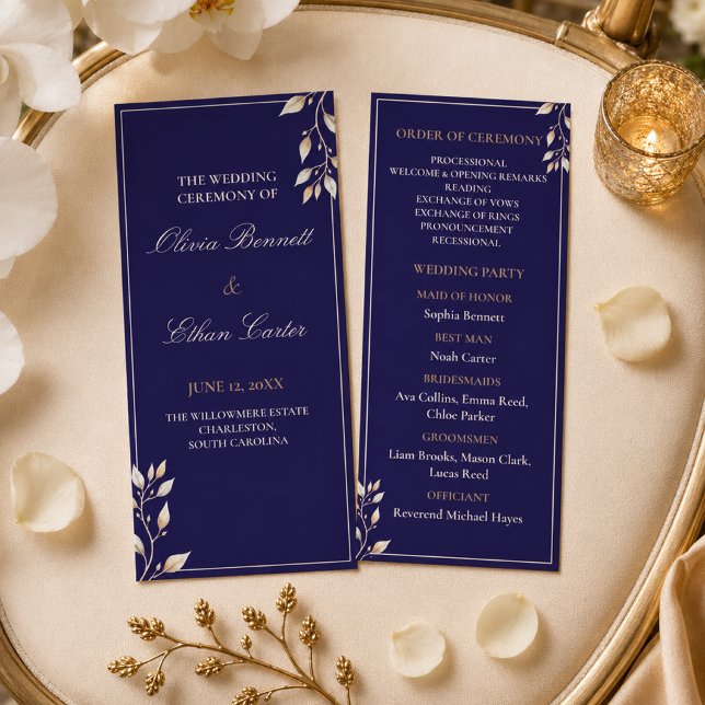Elegant Navy Gold Botanical Wedding Ceremony Program (Creator Uploaded)