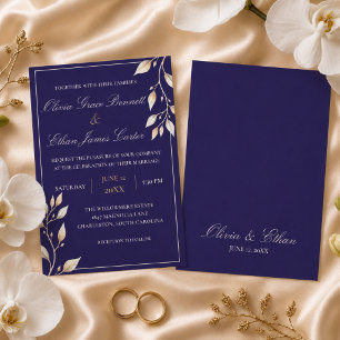 Elegant Navy Gold Botanical Wedding Invitation