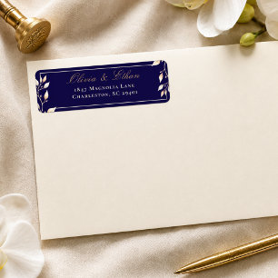 Elegant Navy Gold Botanical Wedding Return Address Label
