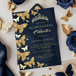 Elegant Navy Gold Butterfly Quinceanera