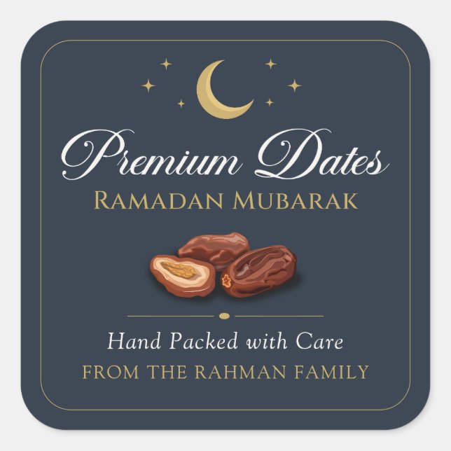 Elegant Navy Gold Celestial Premium Ramadan Dates Square Sticker (Front)