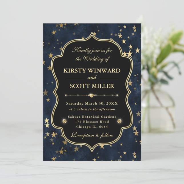 Elegant Navy & Gold Celestial Starry Wedding Invitation (Standing Front)