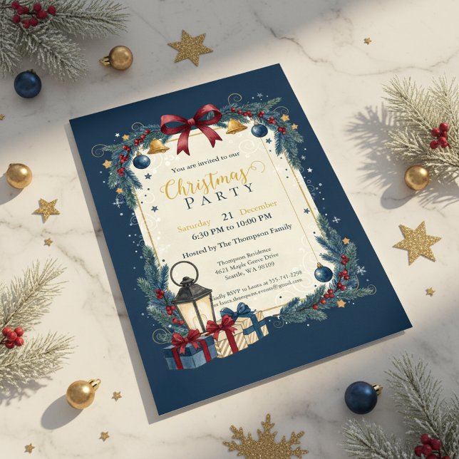 Elegant Navy Gold Christmas Party Invitation (Vintage Lantern Design
Blue Christmas Card
Holiday Bells Invitation)
