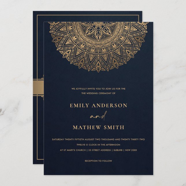 ELEGANT NAVY GOLD CLASSIC ORNATE MANDALA WEDDING INVITATION (Front/Back)