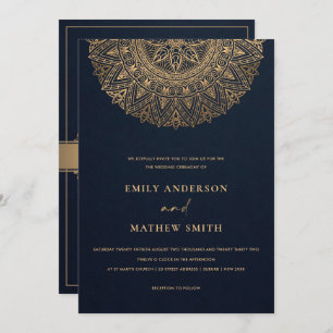 ELEGANT NAVY GOLD CLASSIC ORNATE MANDALA WEDDING INVITATION