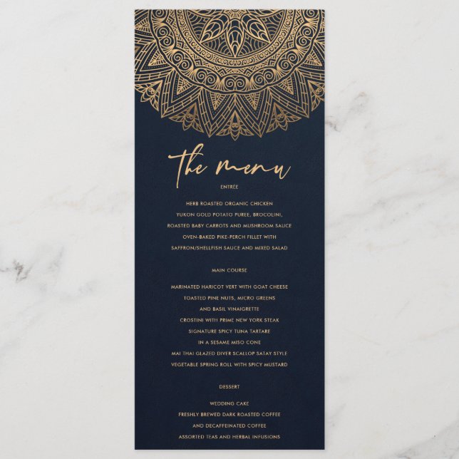 ELEGANT NAVY GOLD CLASSIC ORNATE MANDALA WEDDING MENU (Front)